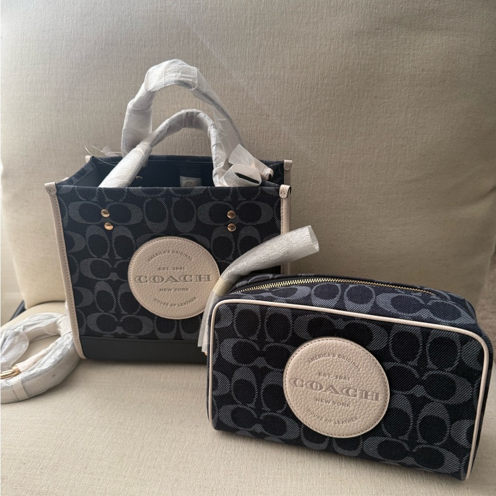 Coach Blue and Cream Signature Tote and Pouch Set